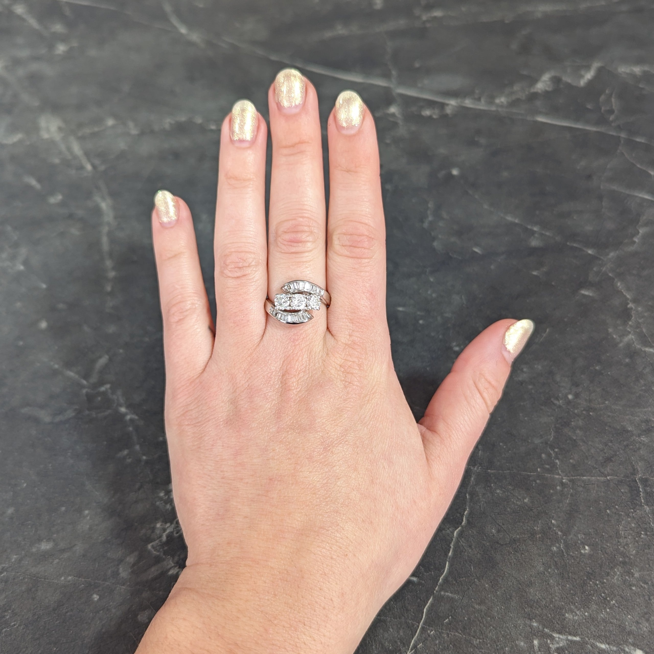 Mid-Century 2.03 CTW Baguette Diamond Platinum Swirling Vintage Bypass Dinner Ring Wilson's Estate Jewelry