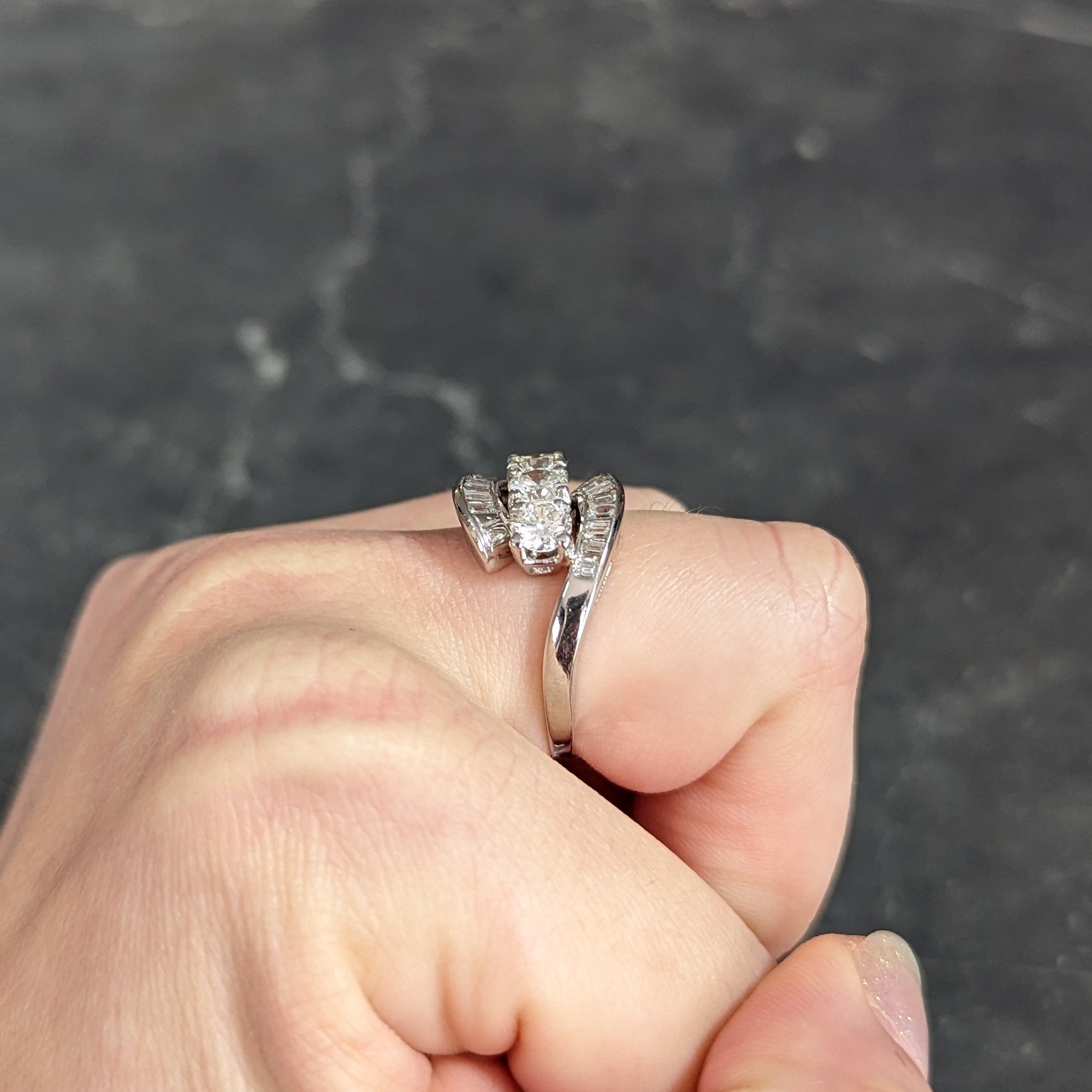 Mid-Century 2.03 CTW Baguette Diamond Platinum Swirling Vintage Bypass Dinner Ring Wilson's Estate Jewelry