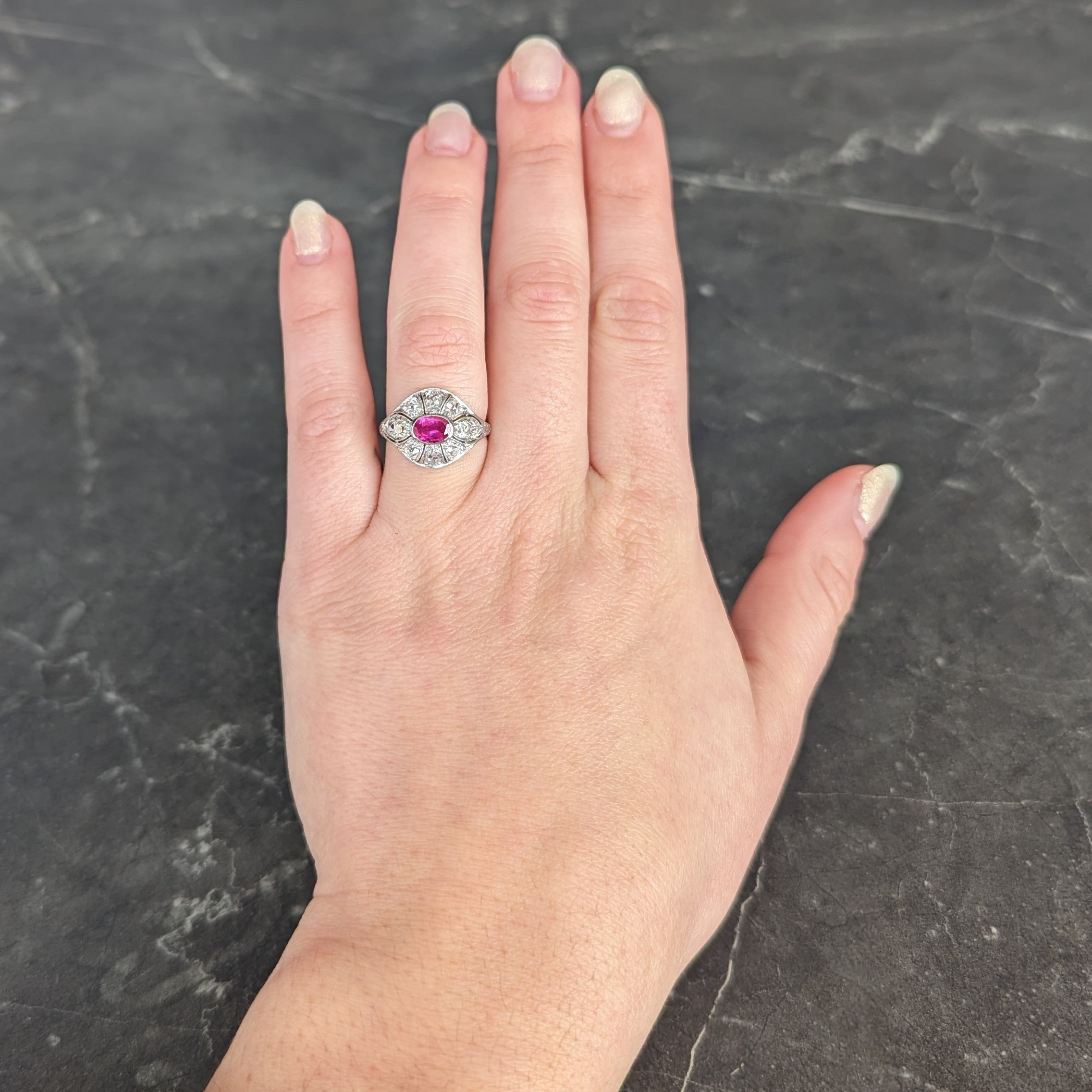Art Deco 1.66 CTW Oval Cut Ruby Diamond 18 Karat White Gold Bombay Dinner Ring Wilson's Estate Jewelry