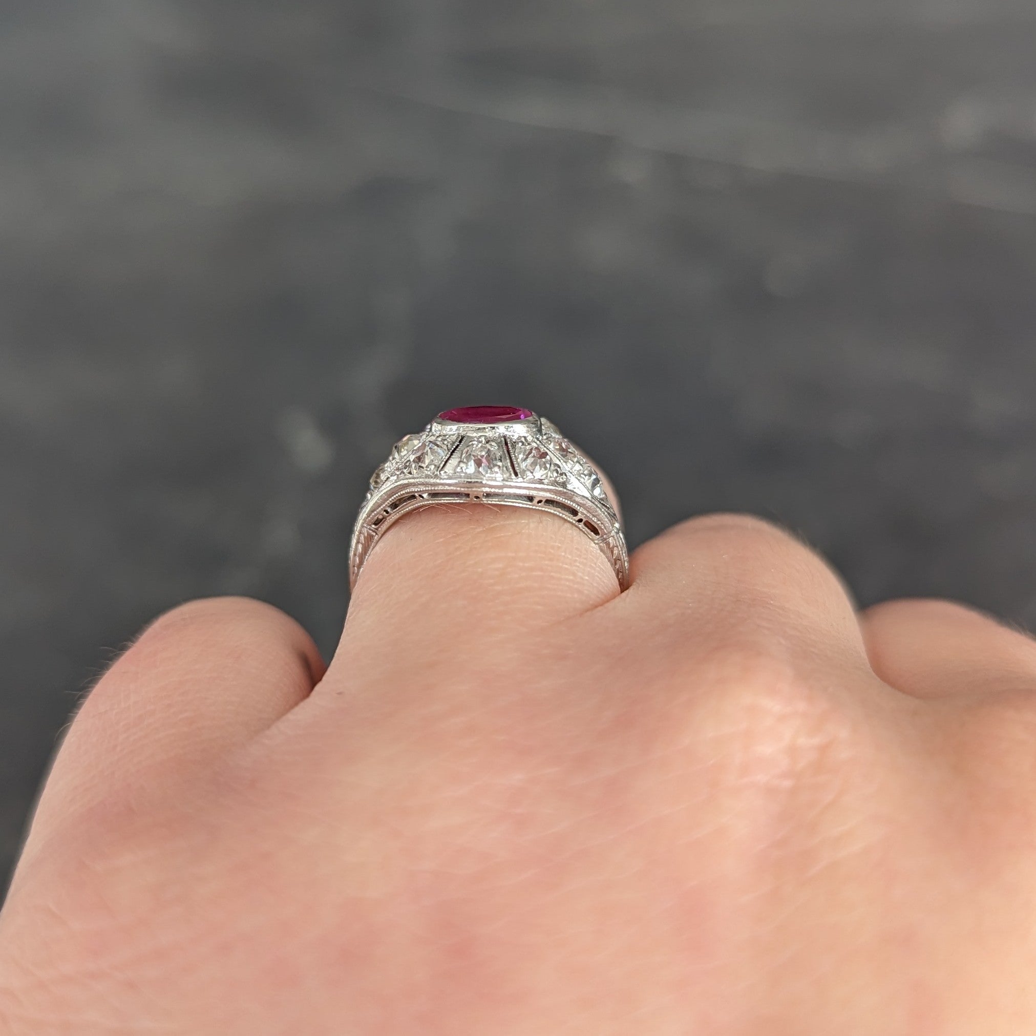 Art Deco 1.66 CTW Oval Cut Ruby Diamond 18 Karat White Gold Bombay Dinner Ring Wilson's Estate Jewelry