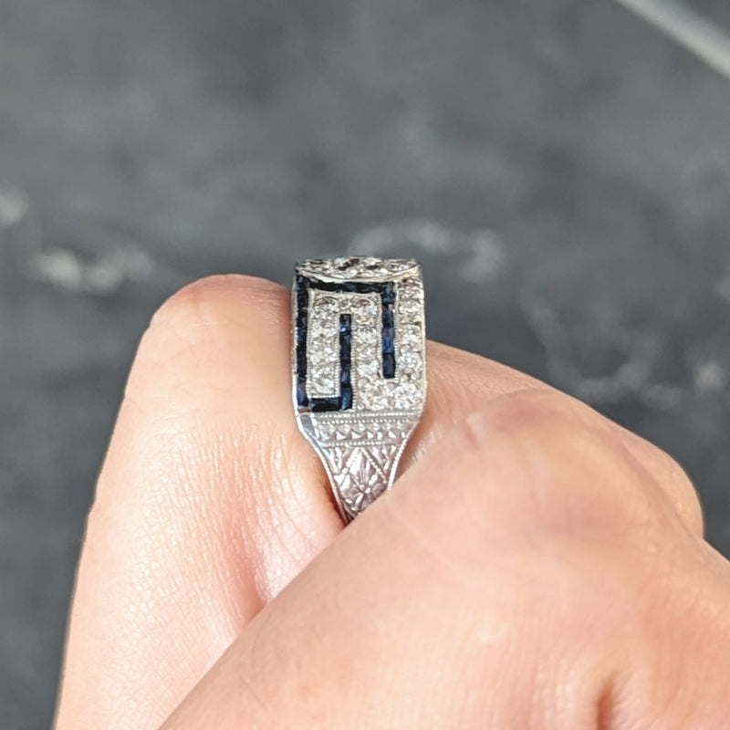 Art Deco 1.78 CTW Old European Cut Diamond Sapphire Platinum Greek Key Band Ring Wilson's Estate Jewelry