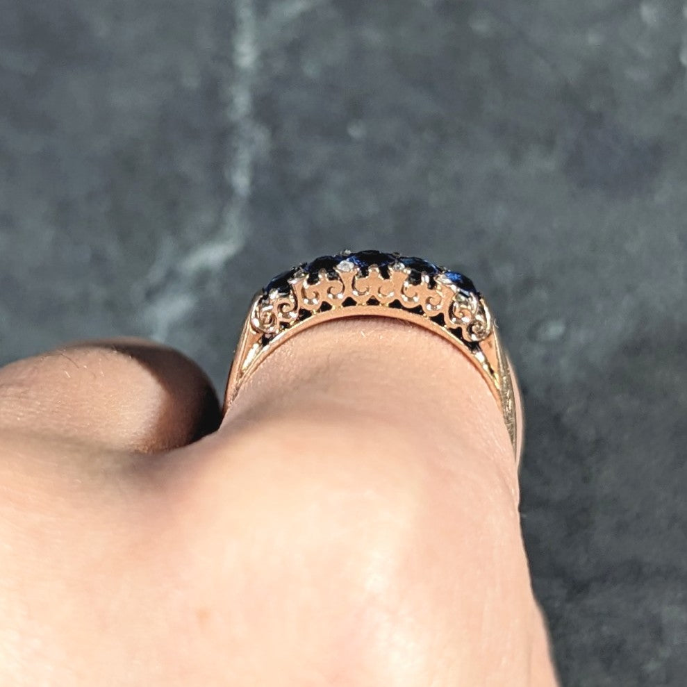 Victorian 1.15 CTW Cushion Cut Sapphire Diamond 14 Karat Yellow Gold Fleur-De-Lis Five Stone Antique Band Ring Wilson's Estate Jewelry