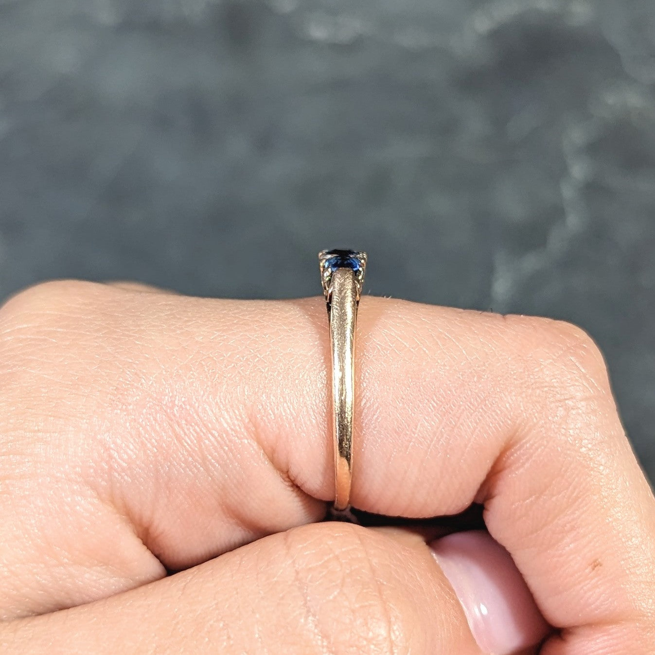 Victorian 1.15 CTW Cushion Cut Sapphire Diamond 14 Karat Yellow Gold Fleur-De-Lis Five Stone Antique Band Ring Wilson's Estate Jewelry