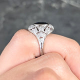 Art Deco 2.22 CTW Cushion Cut Sapphire Diamond Platinum Pierced Chevron Foliate Dinner Ring Wilson's Estate Jewelry