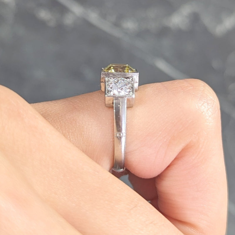 Art Deco 3.20 CTW Asscher Cut Fancy Intense Yellow & Old European Cut Diamond Platinum Foliate Vintage Ring GIA