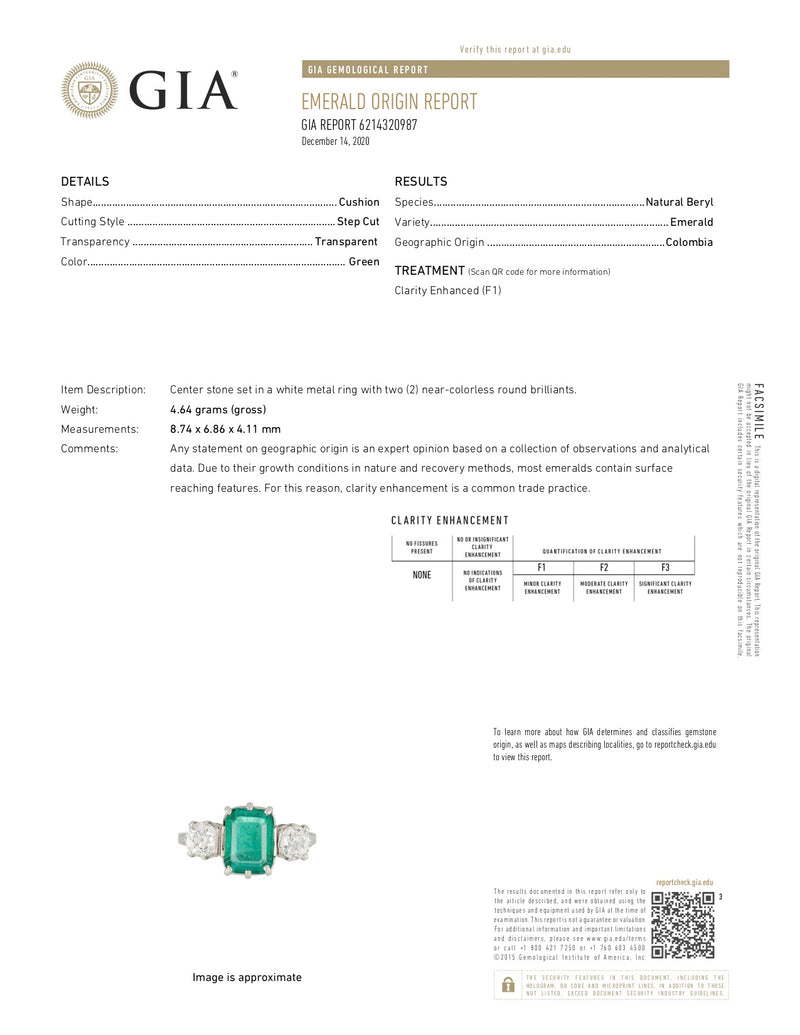 Edwardian 2.80 CTW Colombian Emerald Diamond Platinum Three Stone Ring GIARing - Wilson's Estate Jewelry
