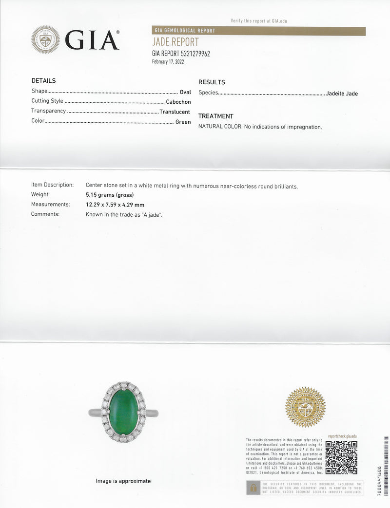 Jadeite Jade Diamond Halo Platinum Cabochon Cluster Ring GIA Wilson's Estate Jewelry