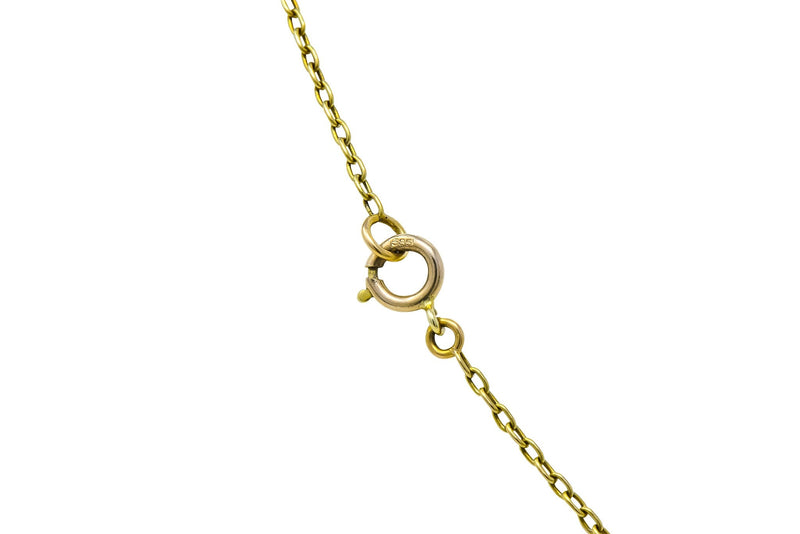 A.J. Hedges & Co. 1905 Art Nouveau Enamel Sapphire Pearl 14 Karat Gold Drop Necklace - Wilson's Estate Jewelry