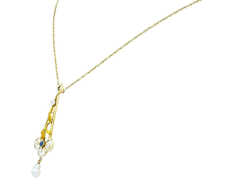 A.J. Hedges & Co. 1905 Art Nouveau Enamel Sapphire Pearl 14 Karat Gold Drop Necklace - Wilson's Estate Jewelry