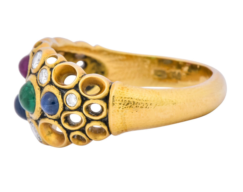 Alex Sepkus Blue Sapphire Emerald Ruby Diamond 18 Karat Gold Cluster Ring - Wilson's Estate Jewelry