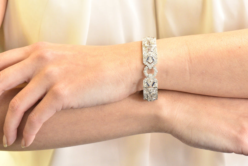 Amazing Art Deco 11.50 CTW Diamond Sapphire Platinum Bracelet Wilson's Estate Jewelry