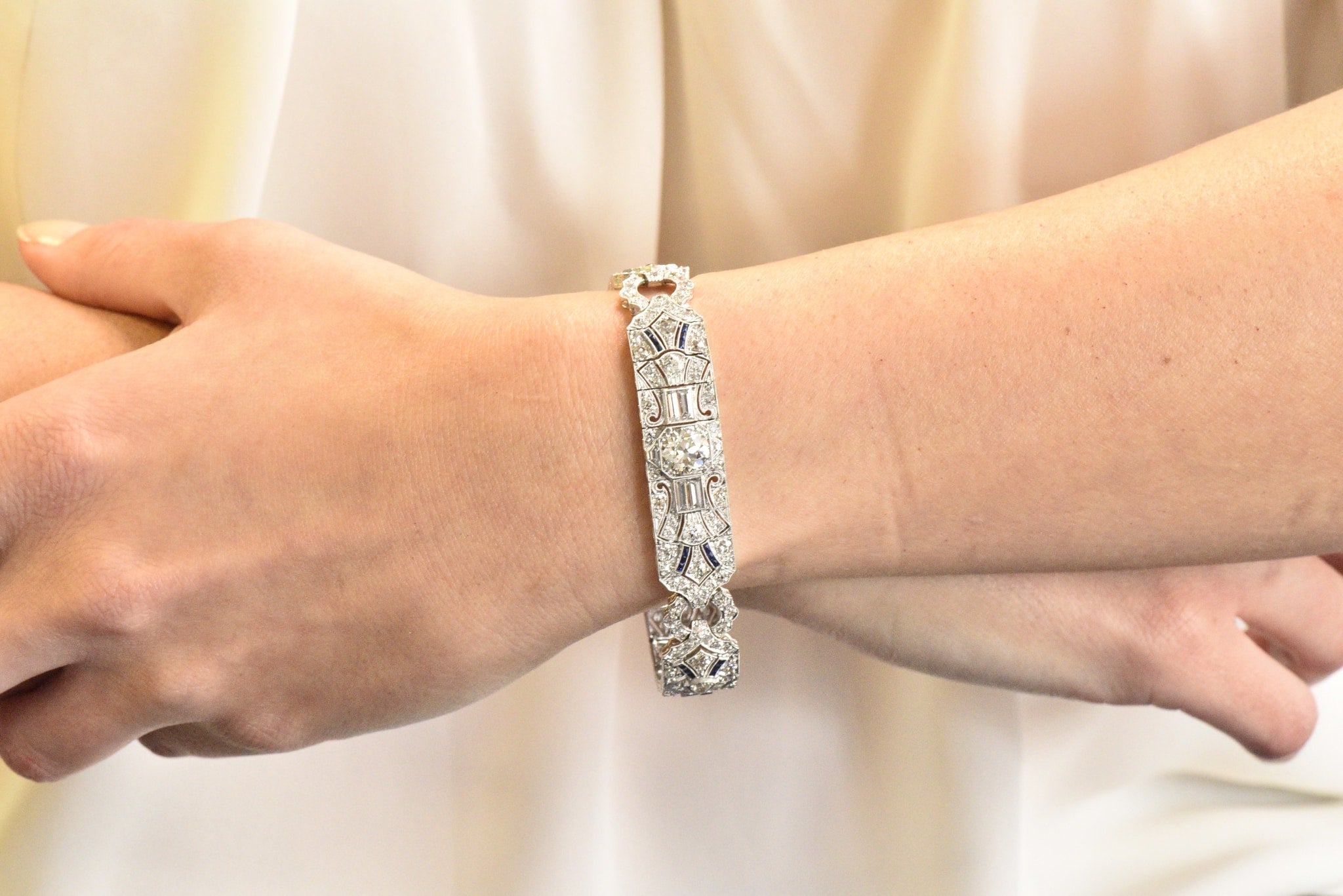 Amazing Art Deco 11.50 CTW Diamond Sapphire Platinum Bracelet Wilson's Estate Jewelry