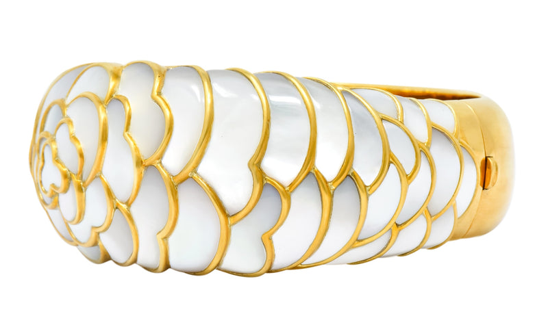 Angela Cummings Mother of Pearl 18 Karat Gold Floral Bangle Bracelet - Wilson's Estate Jewelry