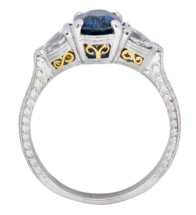 Antique 2.35 CTW Sapphire Diamond Gold Platinum Three Stone Ring - Wilson's Estate Jewelry