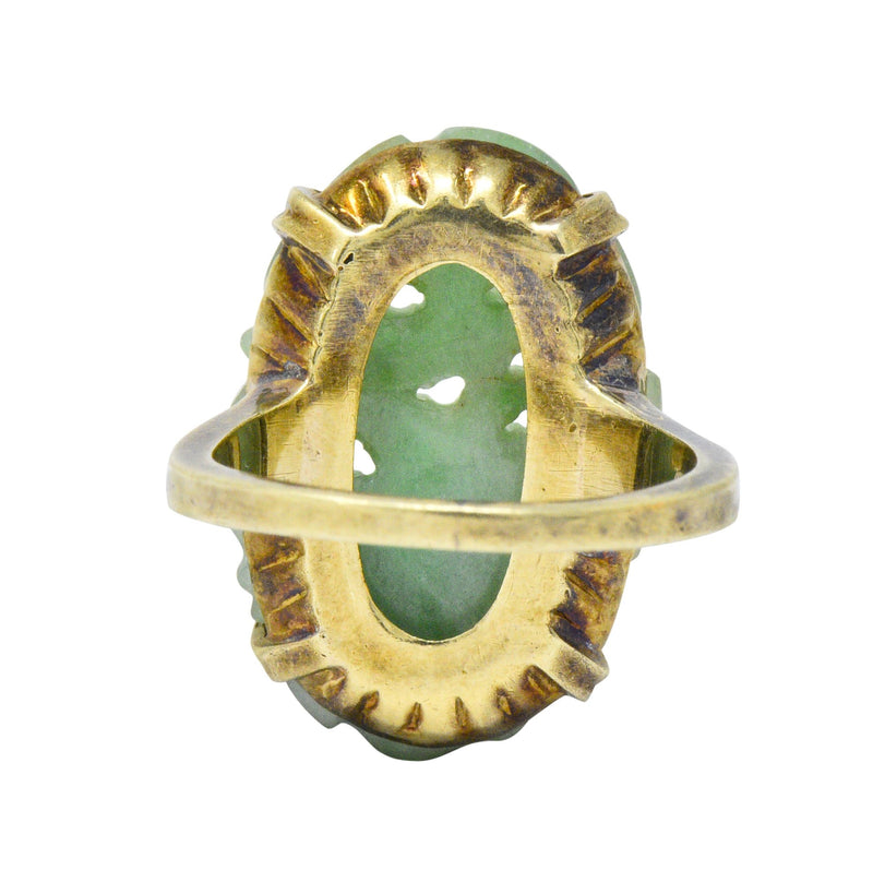 Antique Art Nouveau Carved Jade Enamel 14 Karat Gold Floral Ring - Wilson's Estate Jewelry