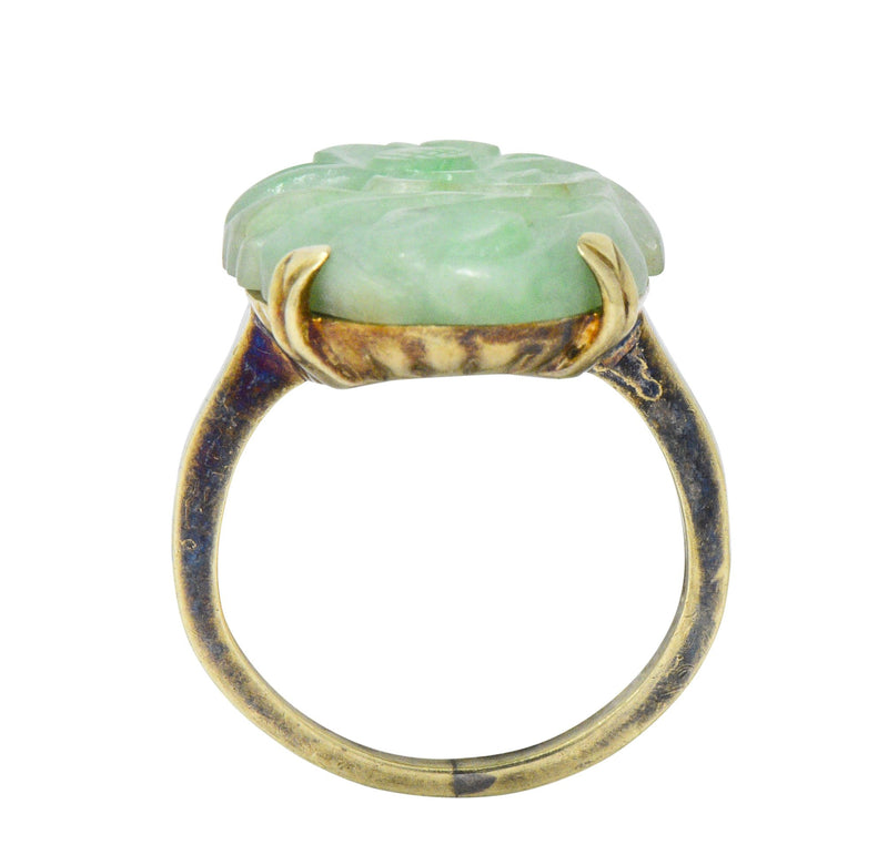 Antique Art Nouveau Carved Jade Enamel 14 Karat Gold Floral Ring - Wilson's Estate Jewelry