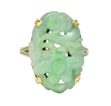 Antique Art Nouveau Carved Jade Enamel 14 Karat Gold Floral Ring - Wilson's Estate Jewelry