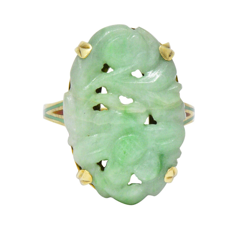 Antique Art Nouveau Carved Jade Enamel 14 Karat Gold Floral Ring - Wilson's Estate Jewelry