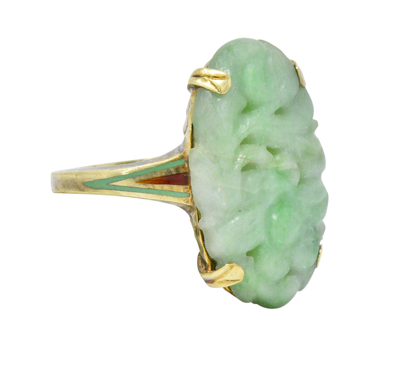 Antique Art Nouveau Carved Jade Enamel 14 Karat Gold Floral Ring - Wilson's Estate Jewelry