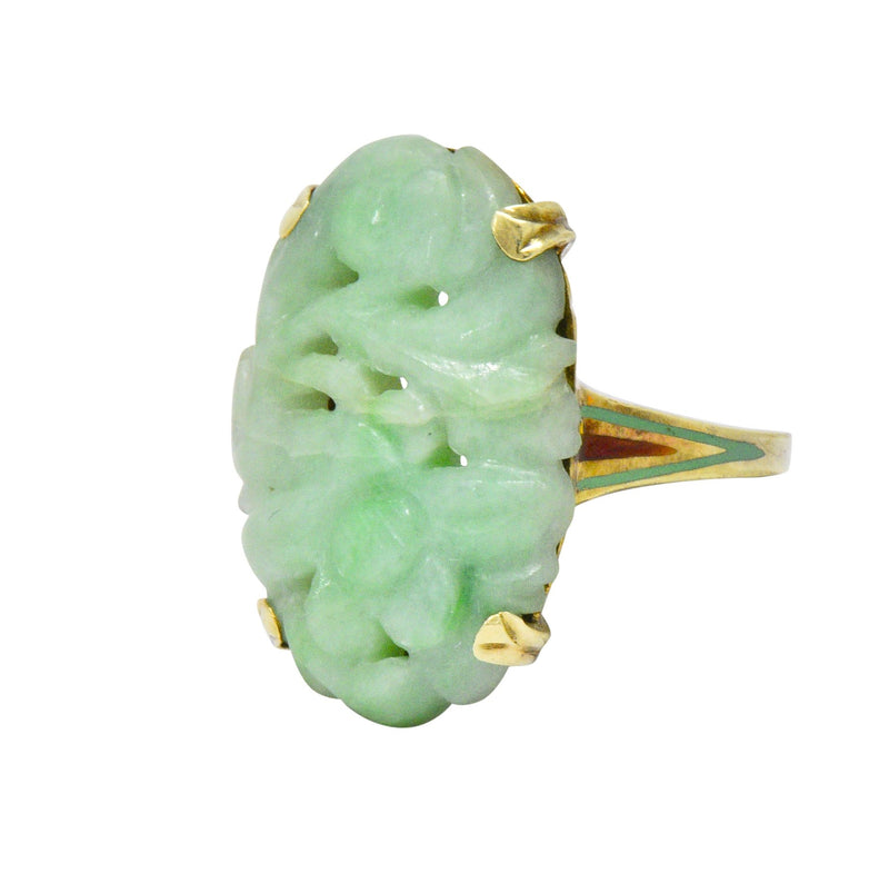 Antique Art Nouveau Carved Jade Enamel 14 Karat Gold Floral Ring - Wilson's Estate Jewelry