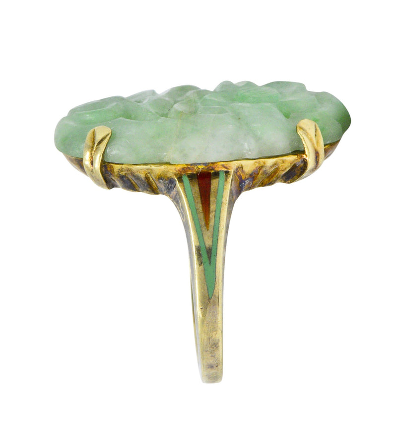 Antique Art Nouveau Carved Jade Enamel 14 Karat Gold Floral Ring - Wilson's Estate Jewelry