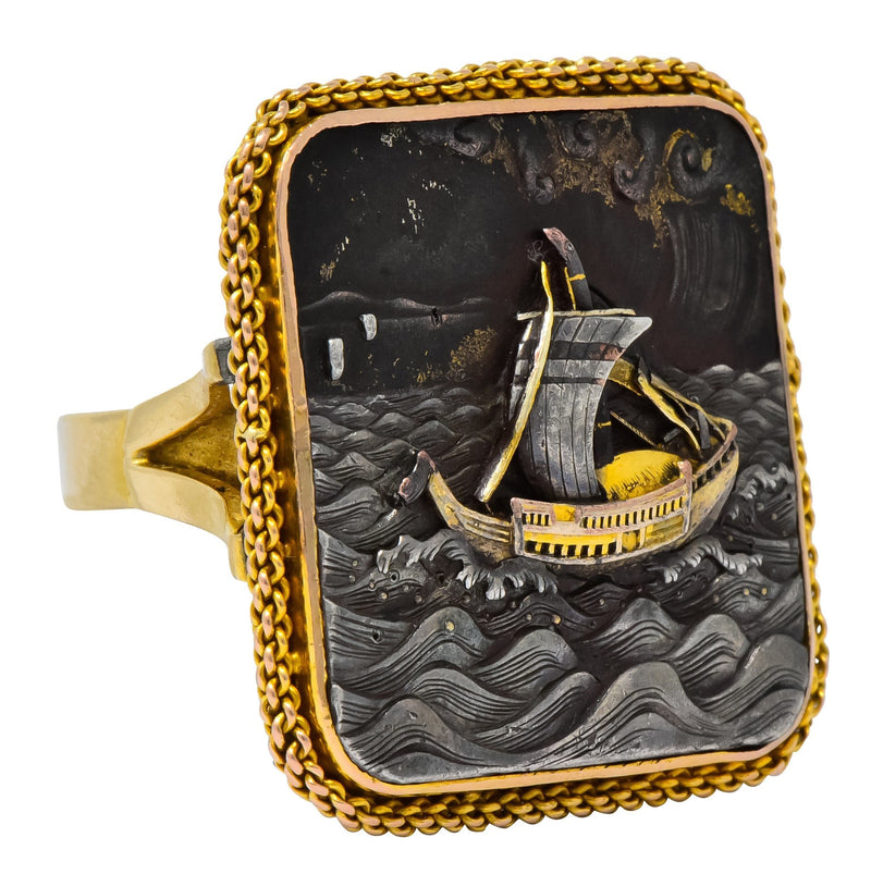 Antique Victorian 14 Karat Gold Copper Shakudō Ocean Ship Ring - Wilson's Estate Jewelry