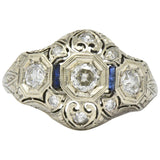 Art Deco 0.60 CTW Diamond Sapphire 18 Karat White Gold Ring Wilson's Estate Jewelry