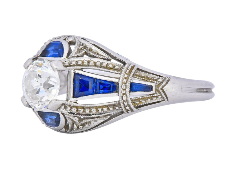 Art Deco 0.60 CTW Diamond Sapphire Platinum Engagement Ring - Wilson's Estate Jewelry