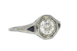 Art Deco 0.69 CTW Diamond Sapphire 18 Karat White Gold Engagement Ring GIA Wilson's Estate Jewelry