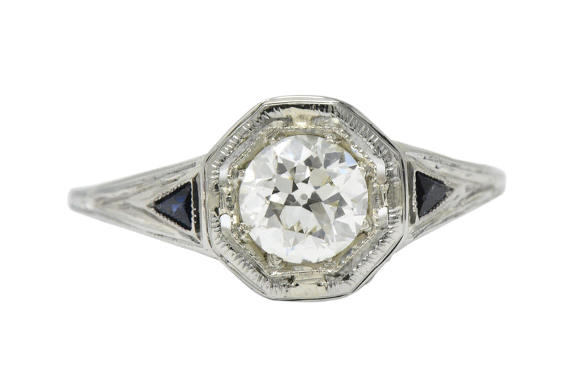 Art Deco 0.69 CTW Diamond Sapphire 18 Karat White Gold Engagement Ring GIA Wilson's Estate Jewelry