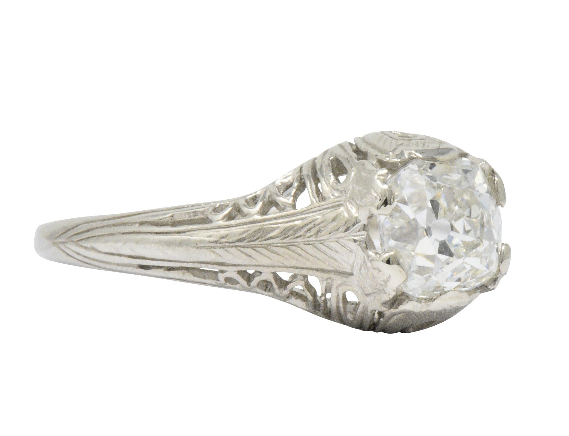 Art Deco 0.92 CTW Old Mine Diamond 18 Karat White Gold Foliate Engagement Ring GIA Wilson's Estate Jewelry