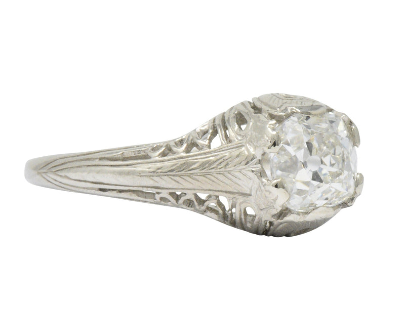 Art Deco 0.92 CTW Old Mine Diamond 18 Karat White Gold Foliate Engagement Ring GIA Wilson's Estate Jewelry