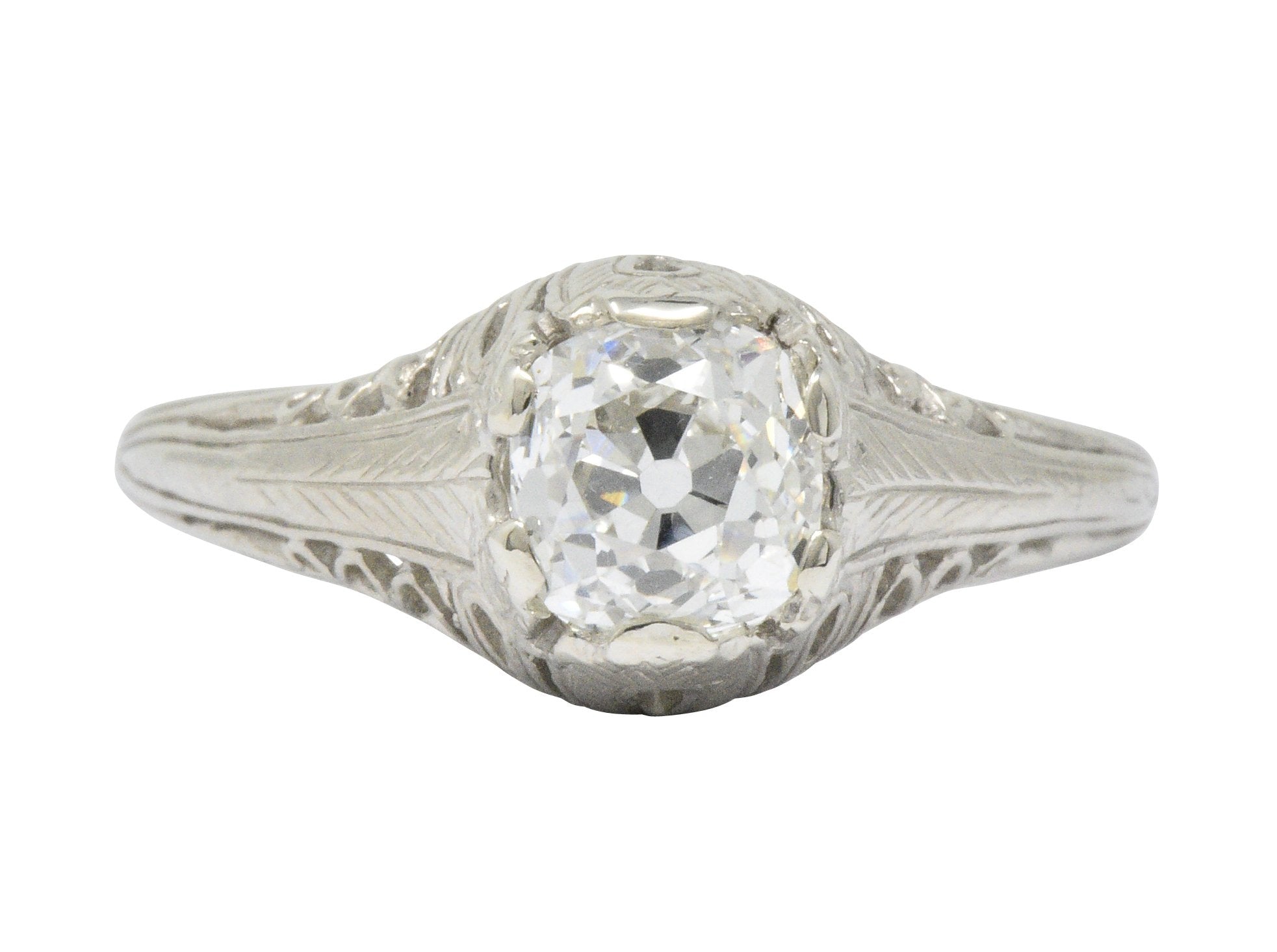 Art Deco 0.92 CTW Old Mine Diamond 18 Karat White Gold Foliate Engagement Ring GIA Wilson's Estate Jewelry