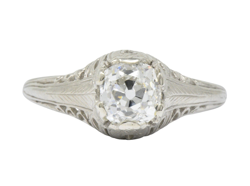 Art Deco 0.92 CTW Old Mine Diamond 18 Karat White Gold Foliate Engagement Ring GIA Wilson's Estate Jewelry