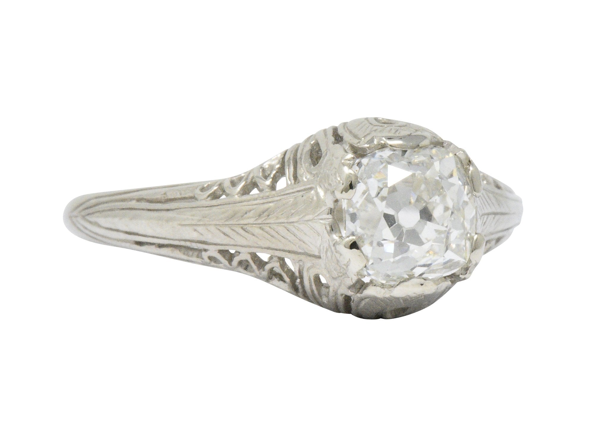 Art Deco 0.92 CTW Old Mine Diamond 18 Karat White Gold Foliate Engagement Ring GIA Wilson's Estate Jewelry