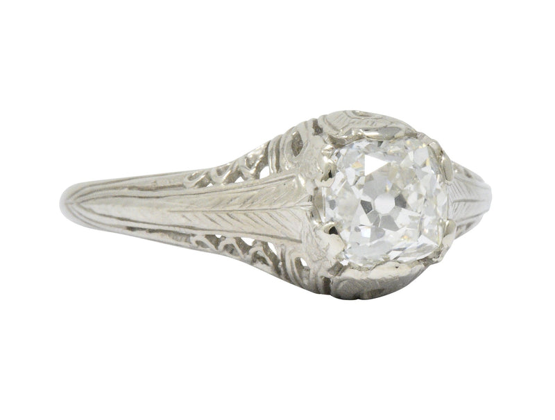 Art Deco 0.92 CTW Old Mine Diamond 18 Karat White Gold Foliate Engagement Ring GIA Wilson's Estate Jewelry