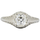 Art Deco 0.92 CTW Old Mine Diamond 18 Karat White Gold Foliate Engagement Ring GIA Wilson's Estate Jewelry
