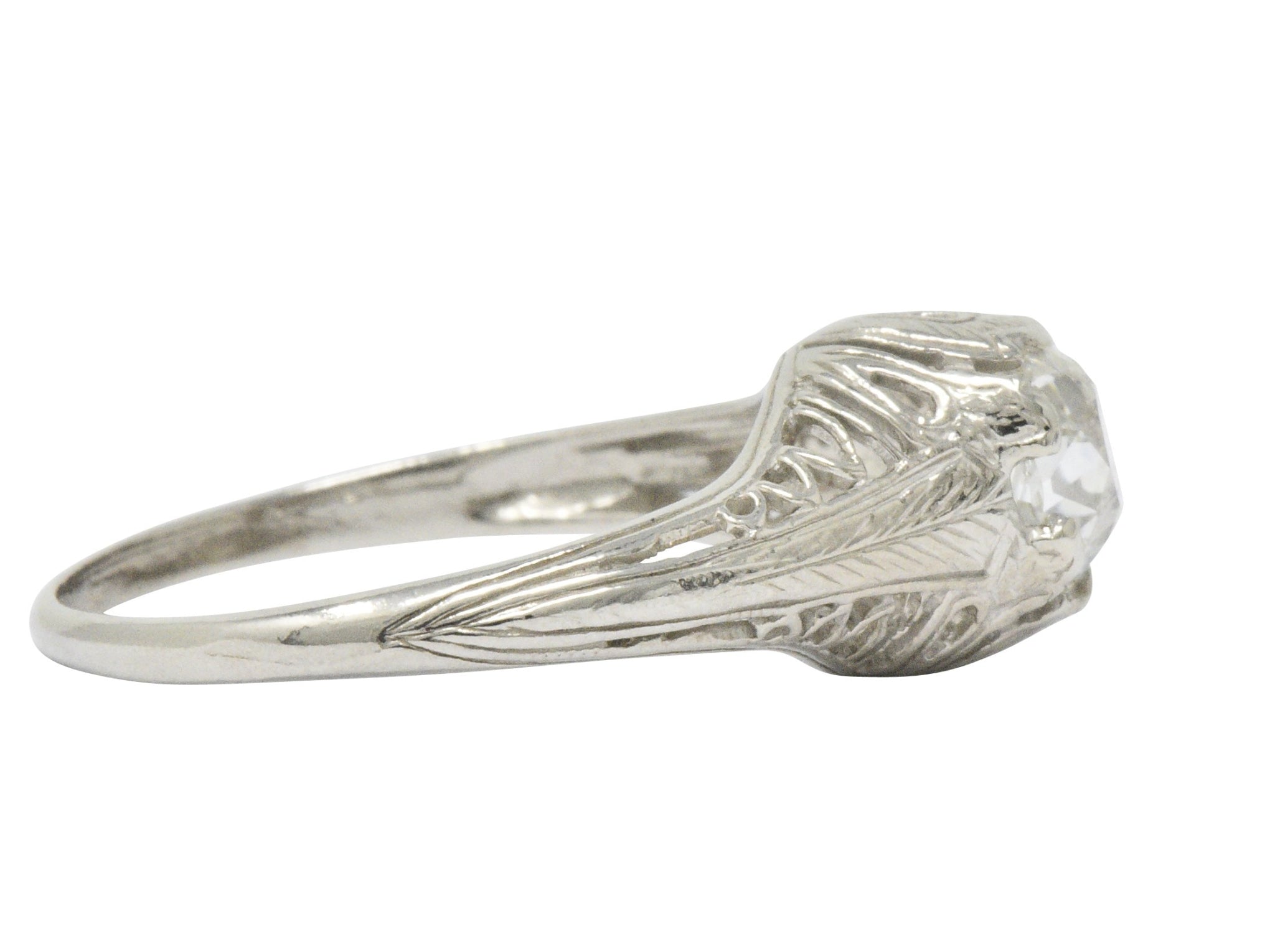 Art Deco 0.92 CTW Old Mine Diamond 18 Karat White Gold Foliate Engagement Ring GIA Wilson's Estate Jewelry