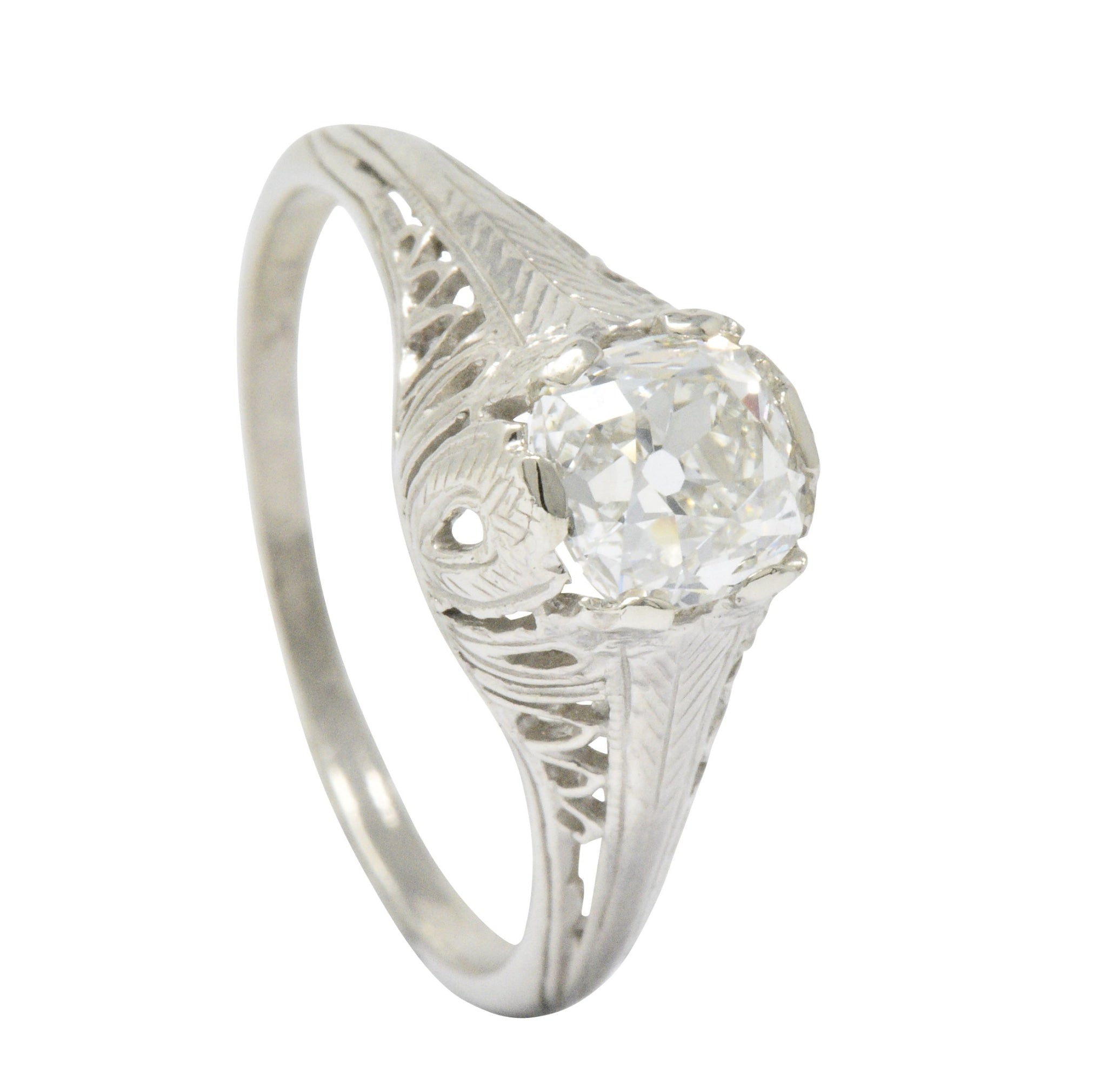 Art Deco 0.92 CTW Old Mine Diamond 18 Karat White Gold Foliate Engagement Ring GIA Wilson's Estate Jewelry
