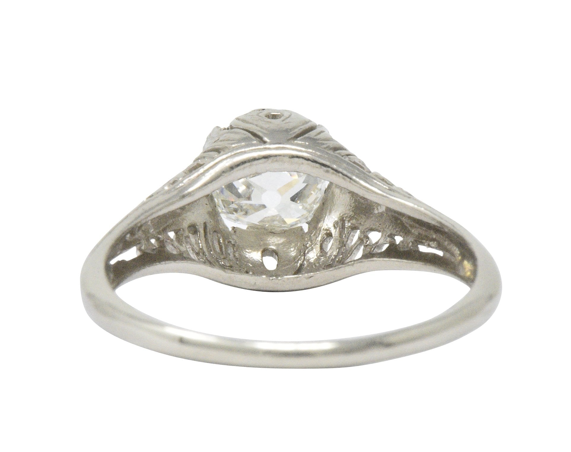 Art Deco 0.92 CTW Old Mine Diamond 18 Karat White Gold Foliate Engagement Ring GIA Wilson's Estate Jewelry