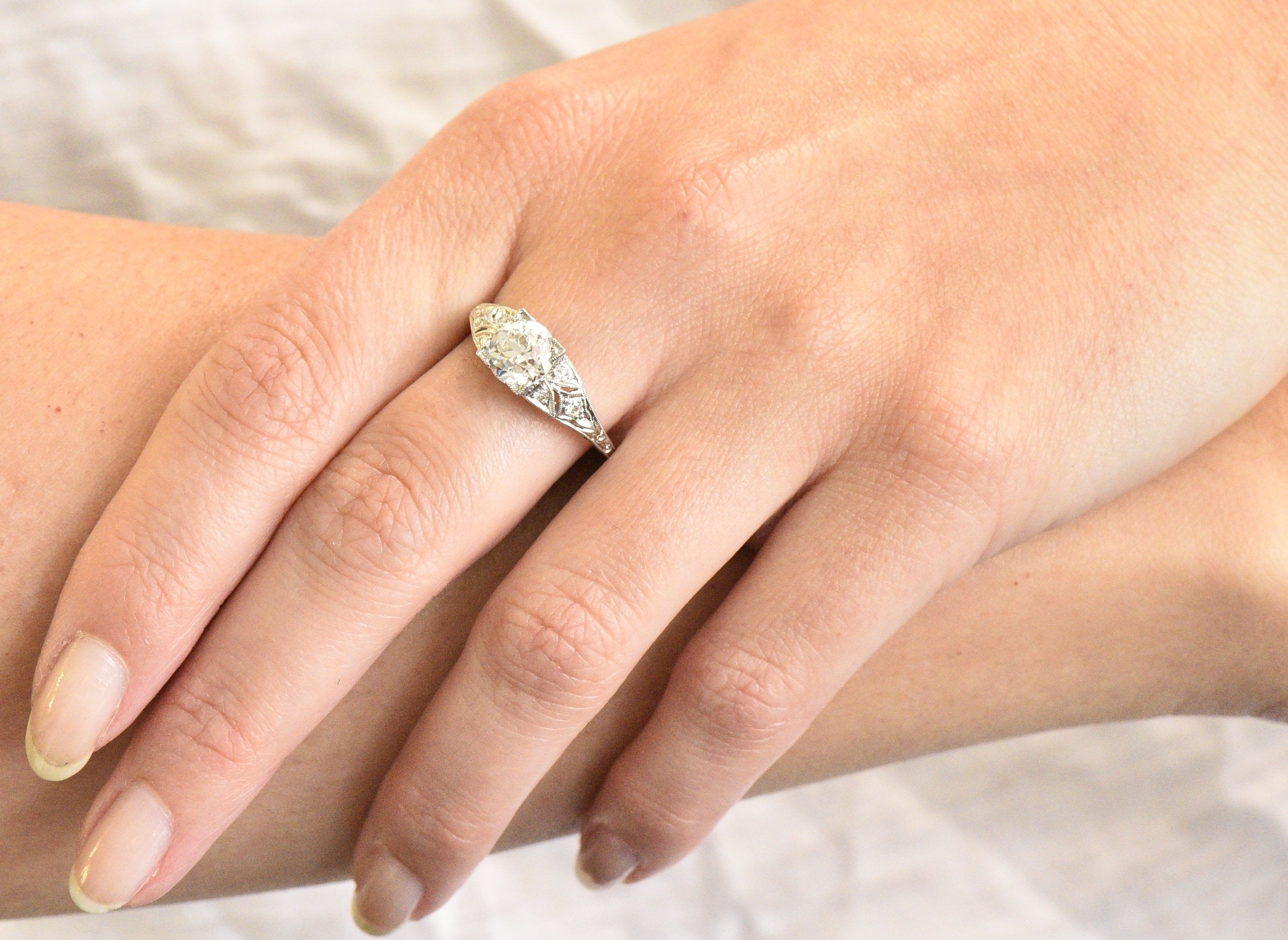 Art Deco 1.60 CTW Diamond Platinum Engagement Ring, GIA Wilson's Estate Jewelry