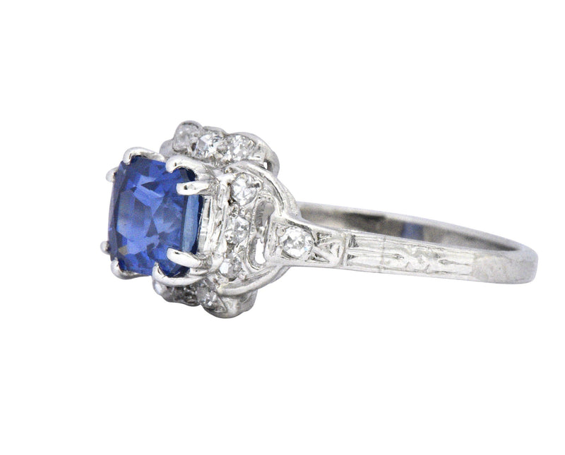 Art Deco 1.67 CTW Unheated Kashmir Sapphire Diamond & Platinum Ring AGL Certified Wilson's Estate Jewelry