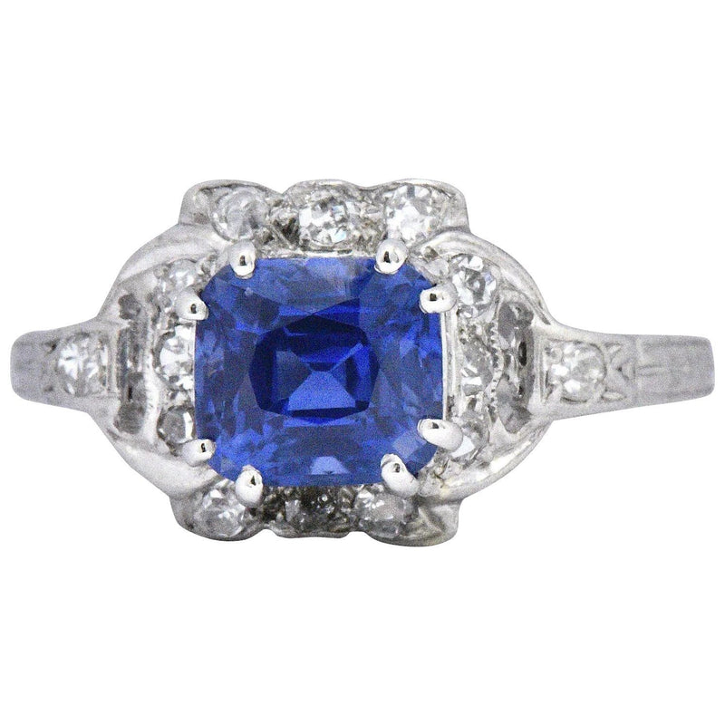 Art Deco 1.67 CTW Unheated Kashmir Sapphire Diamond & Platinum Ring AGL Certified Wilson's Estate Jewelry