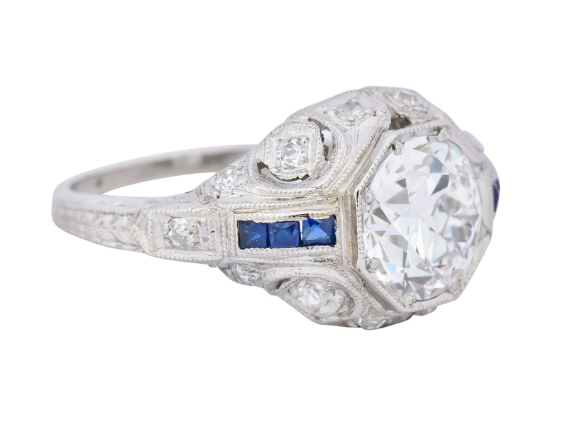 Art Deco 1.83 CTW Diamond Sapphire Platinum Engagement Ring GIA - Wilson's Estate Jewelry