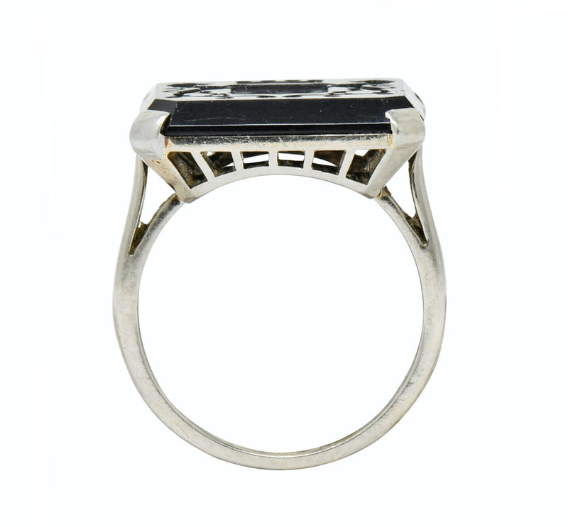 Art Deco 1930 Onyx Intaglio 14 Karat White Gold Heraldry Unisex Ring - Wilson's Estate Jewelry