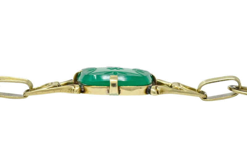 Art Deco 1930's Carved Green Onyx Intaglio 14 Karat Gold Floral Link Bracelet - Wilson's Estate Jewelry