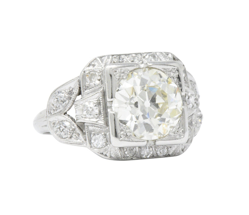 Art Deco 2.69 CTW Diamond Platinum Cushion Foliate Engagement Ring GIA Wilson's Estate Jewelry