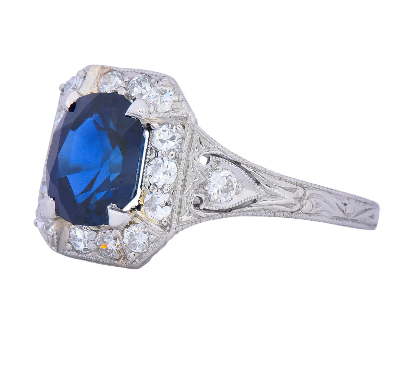 Art Deco 2.86 CTW No Heat Sapphire Diamond Platinum Ring AGL Wilson's Antique & Estate Jewelry