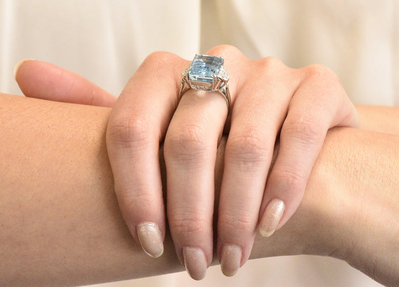 Art Deco 7.75 CTW Aquamarine Diamond Platinum Cocktail Ring Wilson's Estate Jewelry