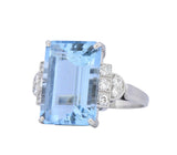 Art Deco 7.75 CTW Aquamarine Diamond Platinum Cocktail Ring Wilson's Estate Jewelry